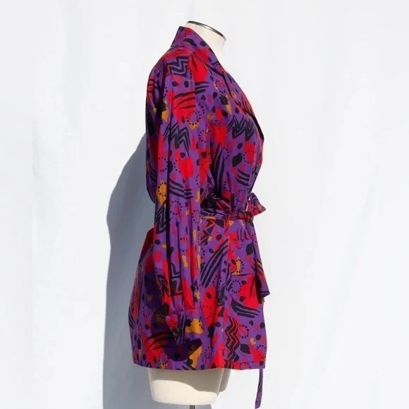 YVES Saint Laurent Vintage 1990s Purple Red Abstract Belted Shirt Jacket Dress - Picture 2 of 11